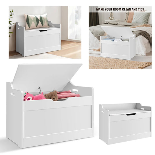 White storage benches and boxes with toys in a bedroom setting.