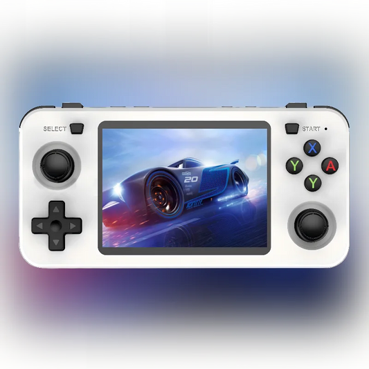 Handheld gaming console with a screen displaying a racing game on a gradient background
