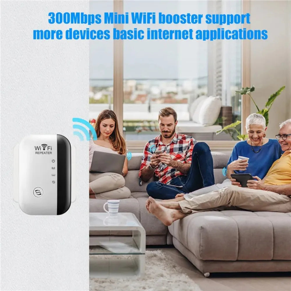 WiFi booster device with people using devices in a living room