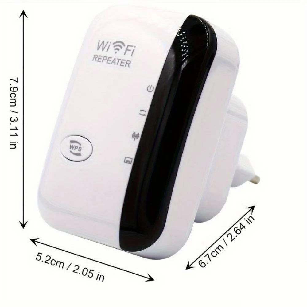 White and black WiFi repeater with dimensions indicated on a white background