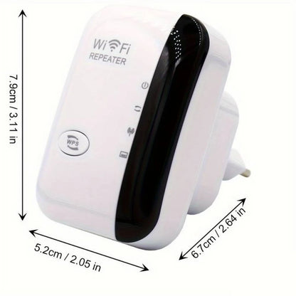 White and black WiFi repeater with dimensions indicated on a white background
