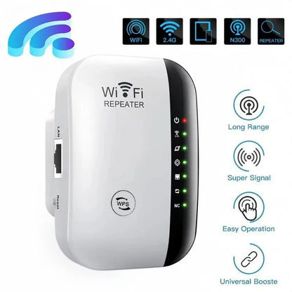 White WiFi repeater with features listed on a white background