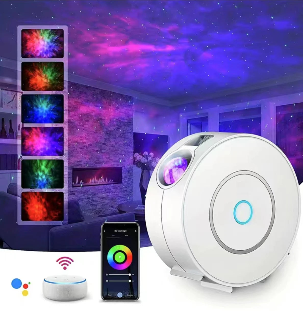 White light projector with smartphone app interface, colorful projections on ceiling, and living room setting.