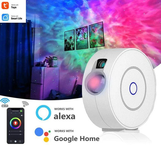 White smart light bulb with colorful LED display in a room, featuring compatibility with Alexa and Google Home.