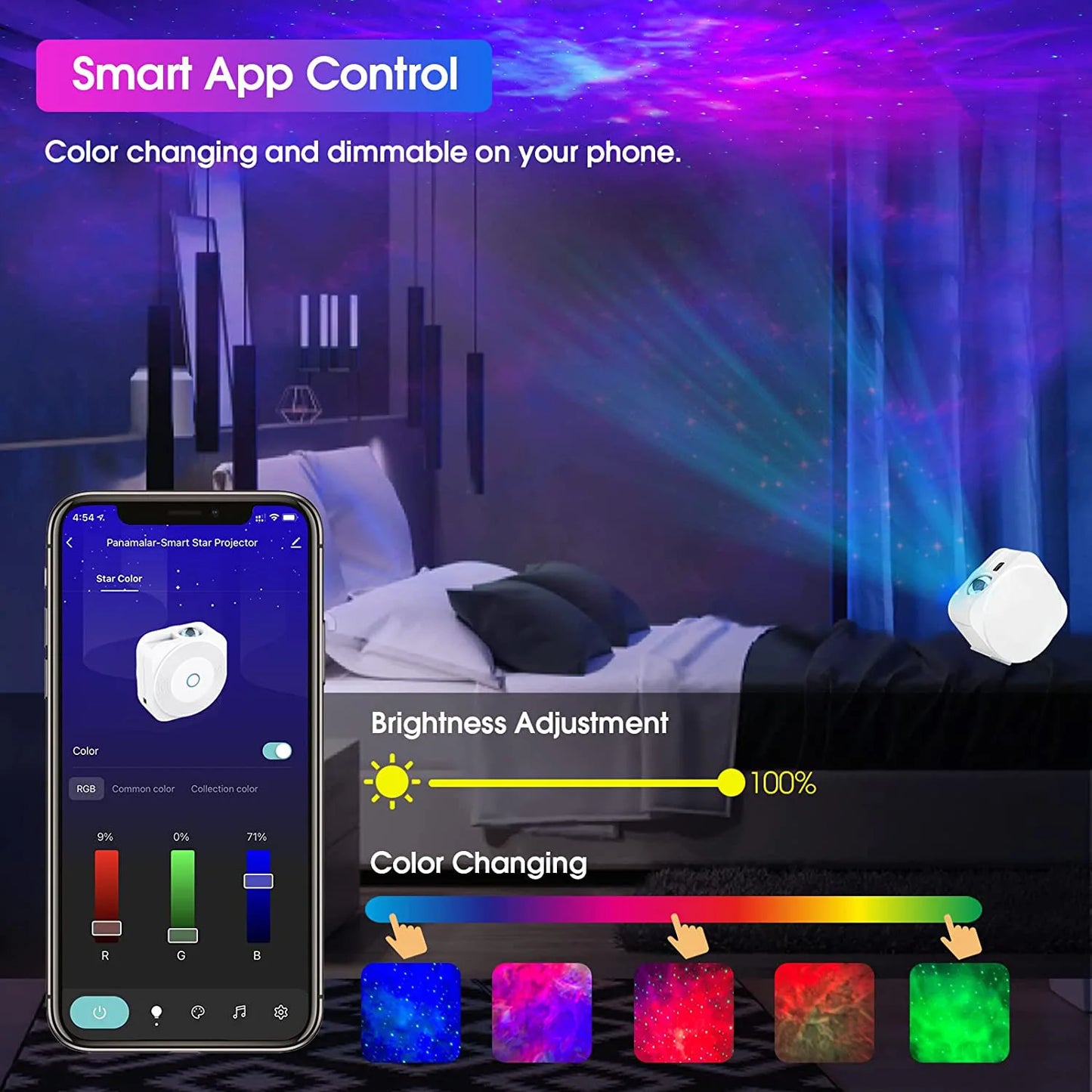 Smart app control for a color-changing and dimmable light projector in a bedroom setting.