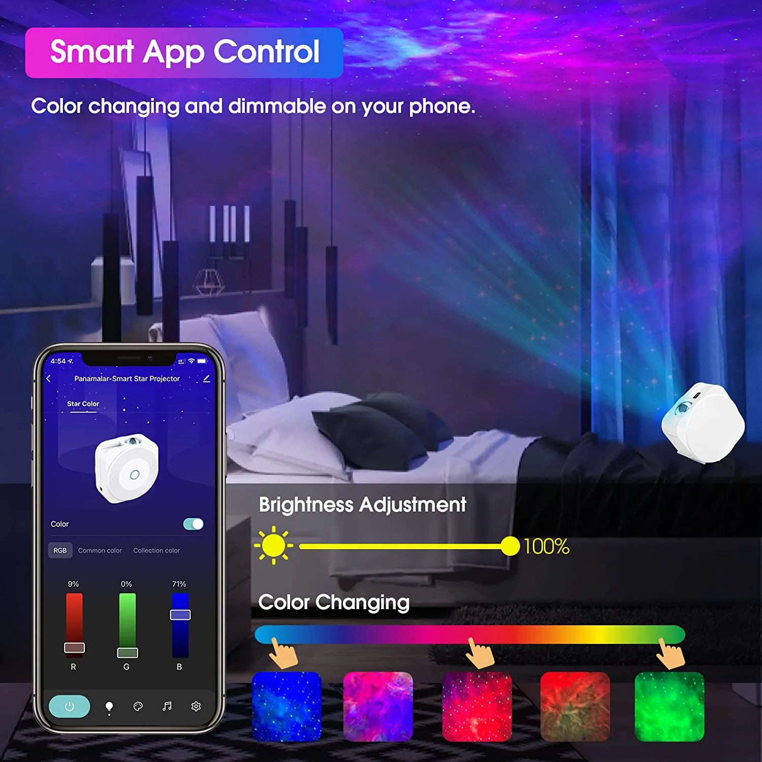 Smart app control for a color-changing and dimmable light projector in a bedroom setting.