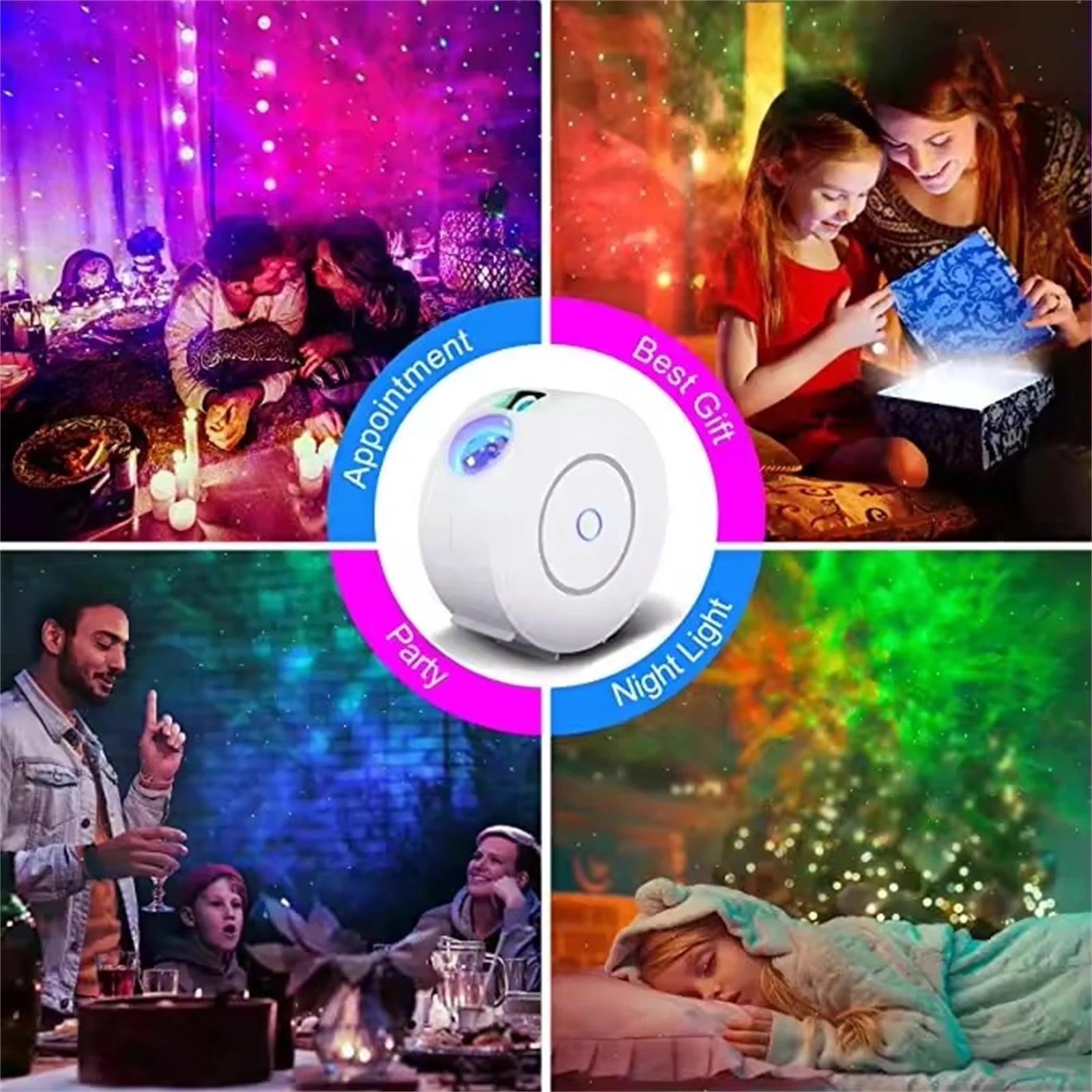 Collage of a night light being used in various settings with colorful projections.