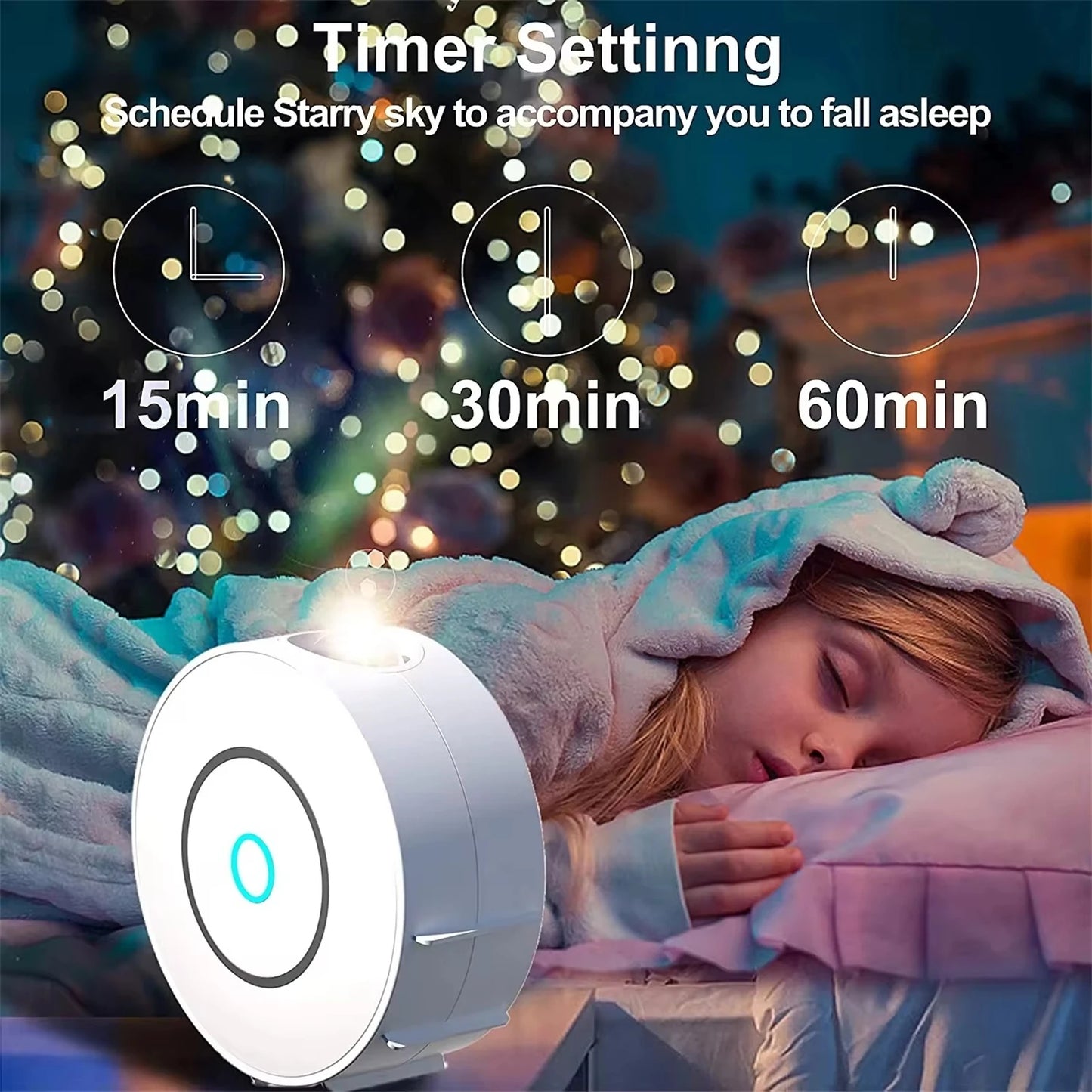 Child sleeping with a night light and timer settings displayed on a blurred starry sky background.