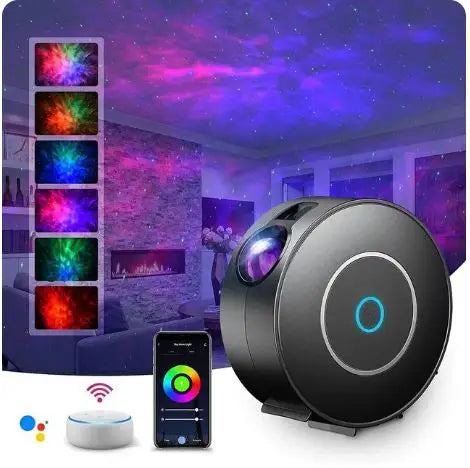 Black light projector with smartphone app interface in a room with colorful LED lights on the wall.