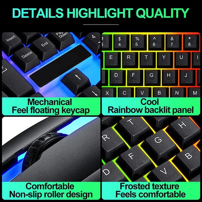 Keyboard with mechanical feel keycaps, rainbow backlit panel, non-slip roller design, and frosted texture.