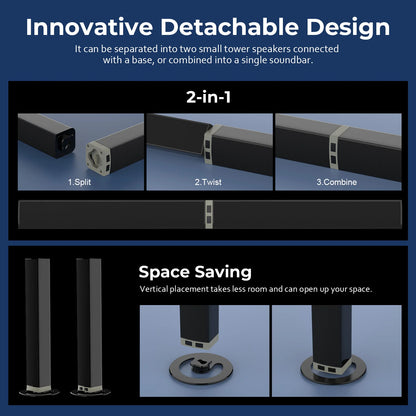 Innovative detachable design of a soundbar with space-saving features on a blue background.