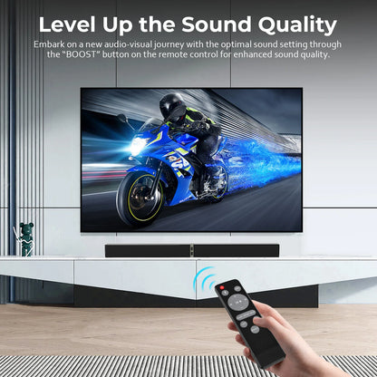 TV screen displaying a motorcycle graphic with a remote control held by a hand, emphasizing enhanced sound quality.