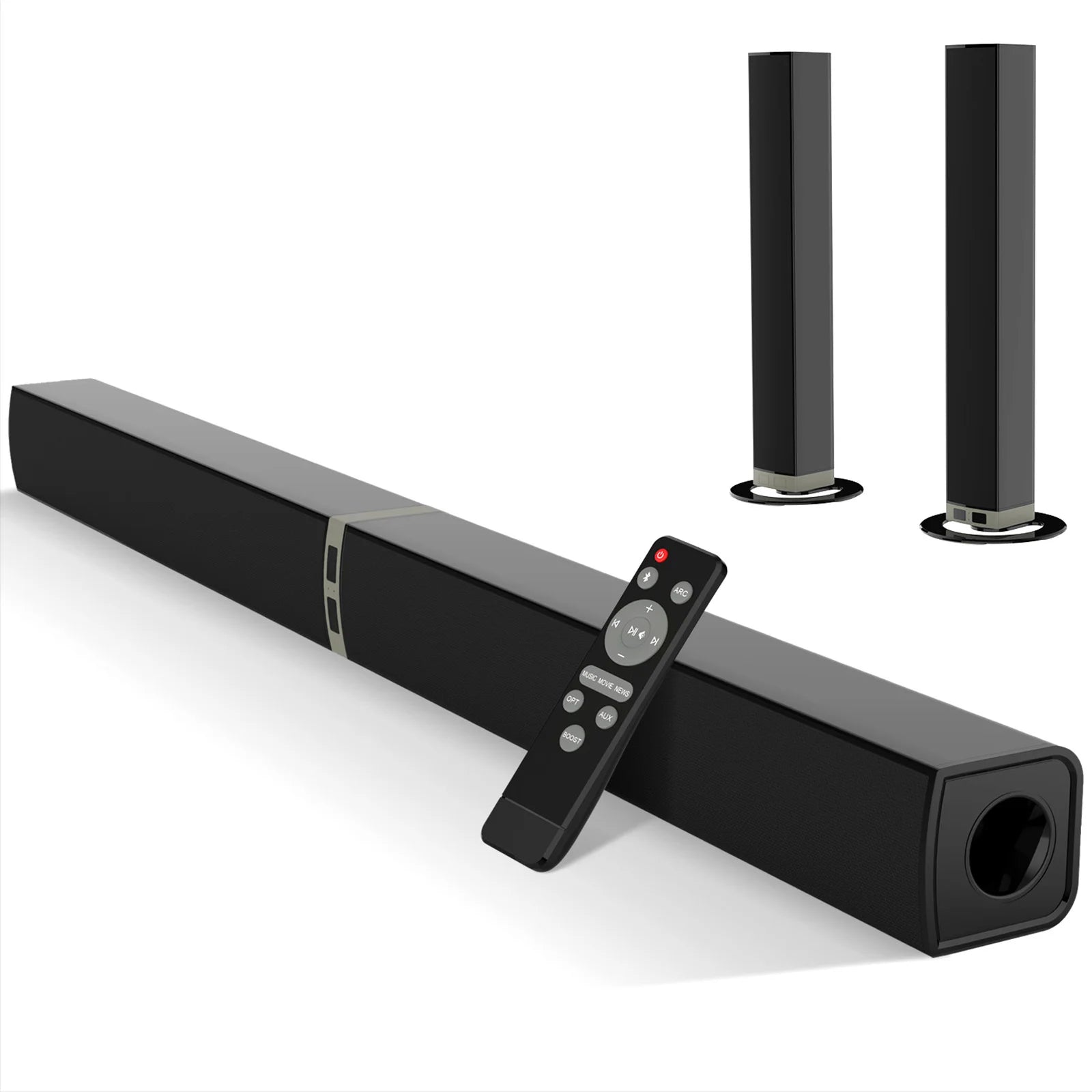 Black soundbar with remote control and two speakers on a white background