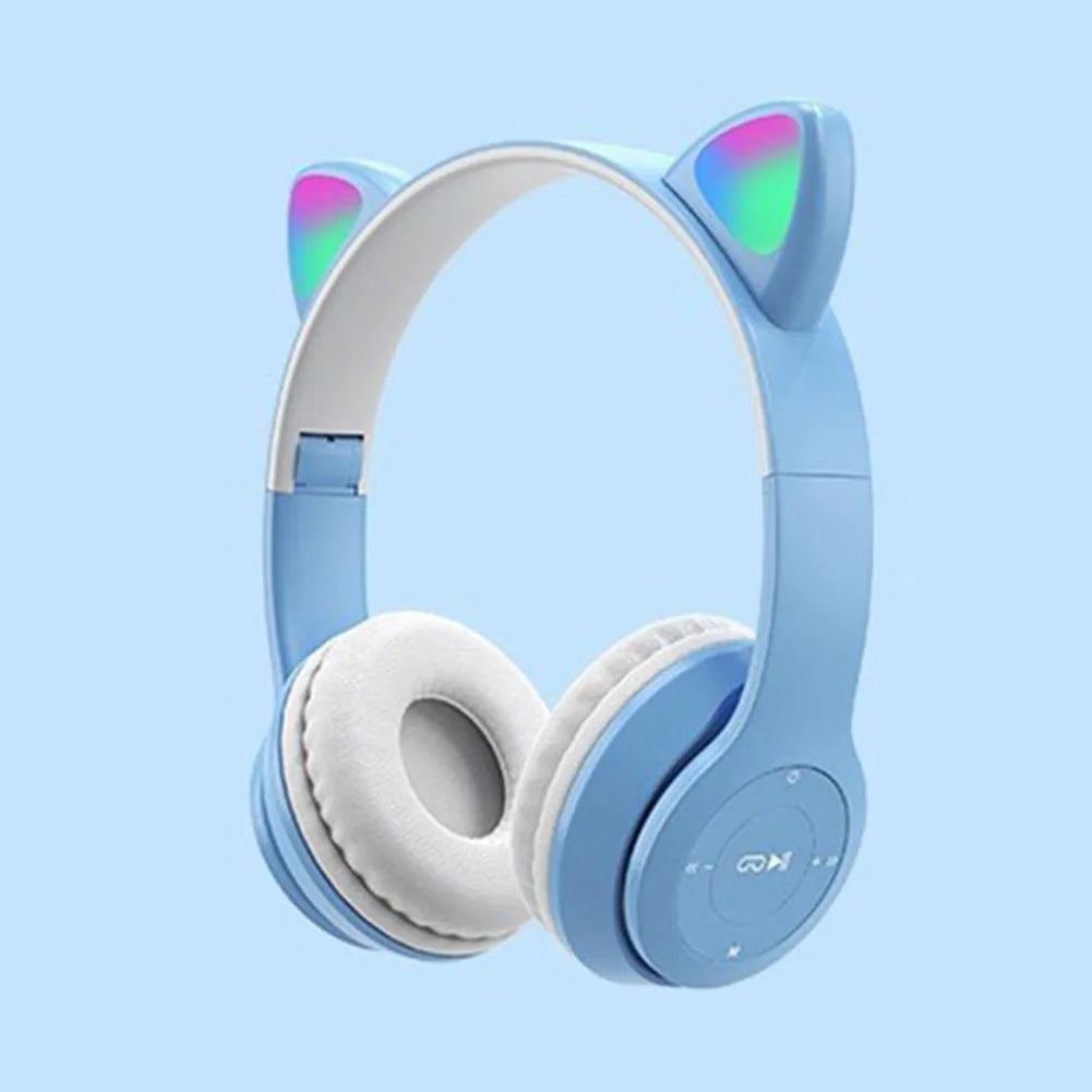 Blue and white headphones with cat ear design on a light blue background