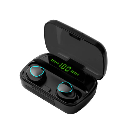Black wireless earbuds with charging case on a white background