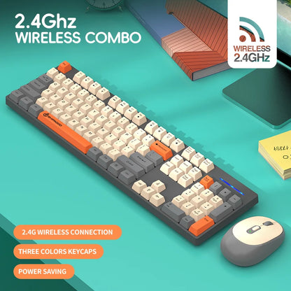 Mechanical keyboard and mouse set with 2.4GHz wireless combo on a teal background
