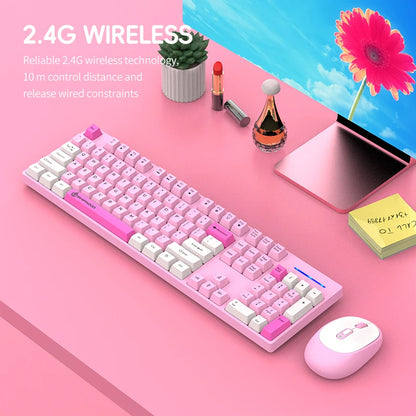 Pink and white keyboard and mouse set on a pink desk with decorative items.