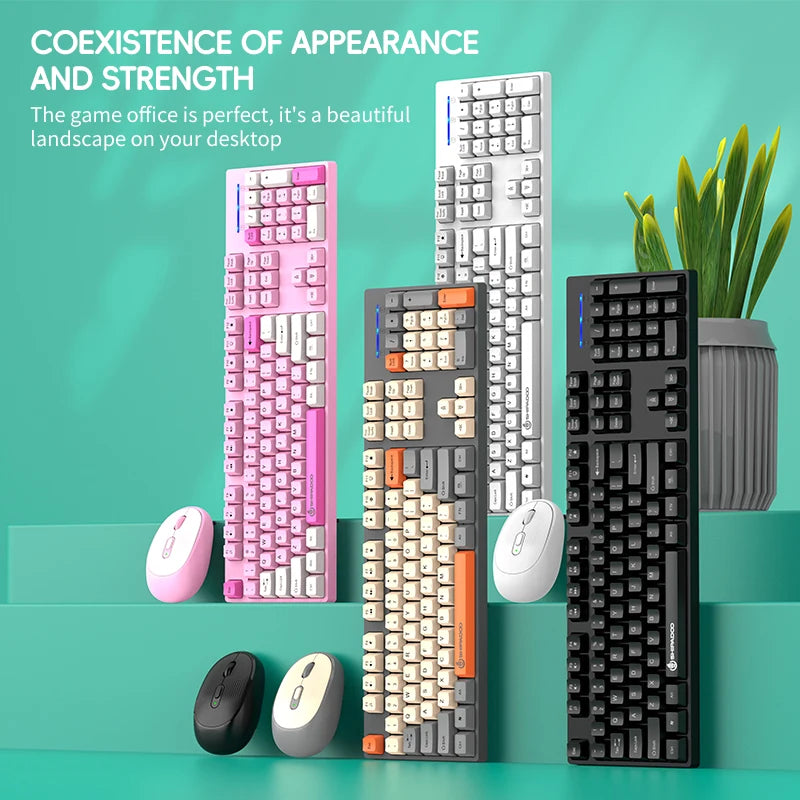Four different keyboards and mice on a teal background with text about coexistence of appearance and strength.