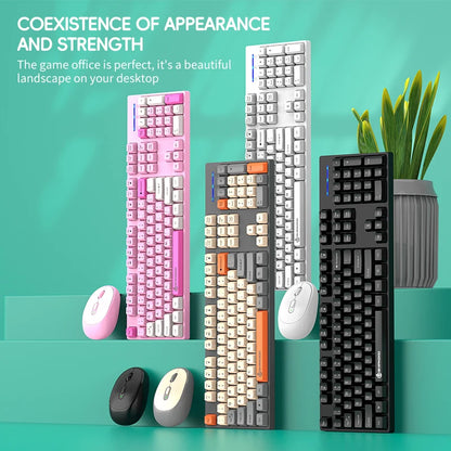 Four different keyboards and mice on a teal background with text about coexistence of appearance and strength.