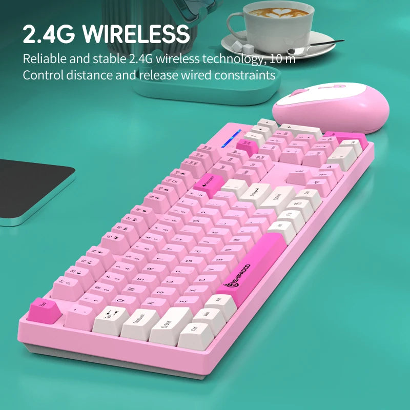 Pink keyboard and mouse set on a teal surface with text about 2.4G wireless technology.