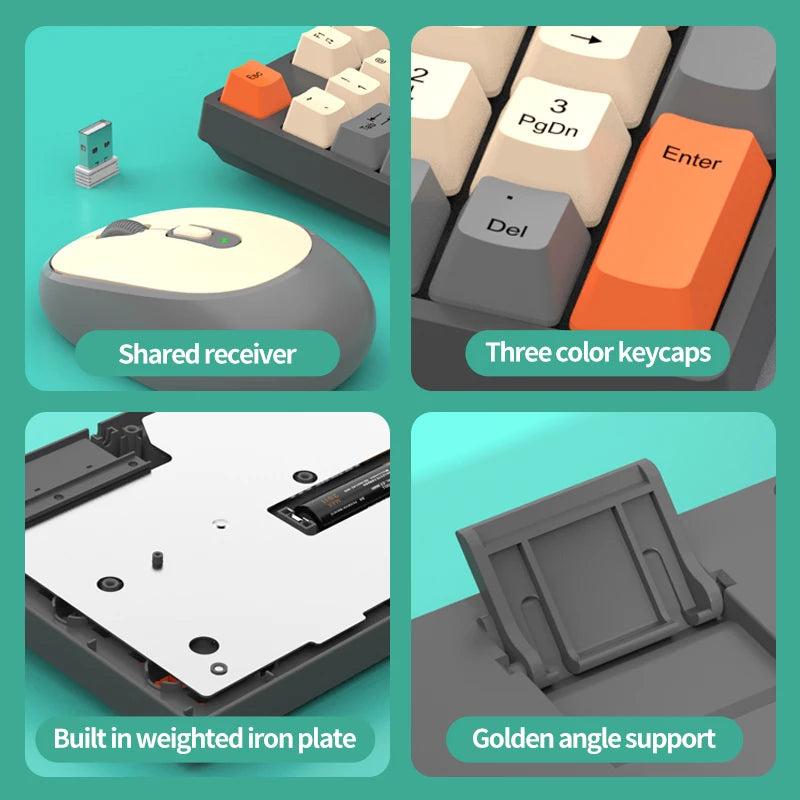 Keyboard components with features highlighted on a teal background