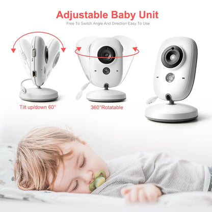 Baby monitor with adjustable features and a child sleeping in the background