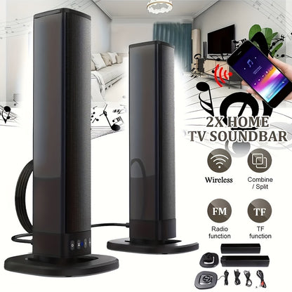 Two black home TV soundbars with a smartphone and room setup illustration.