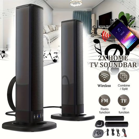 Two black home TV soundbars with a smartphone and room setup illustration.
