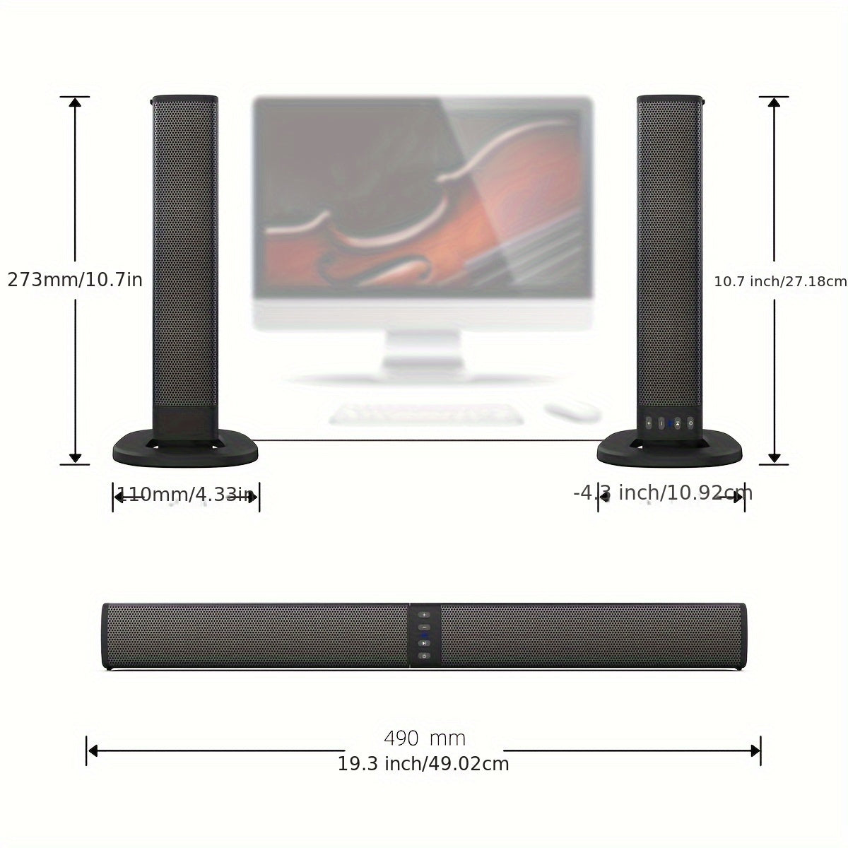 Measurement chart of a soundbar with speakers, showing dimensions in millimeters and inches.
