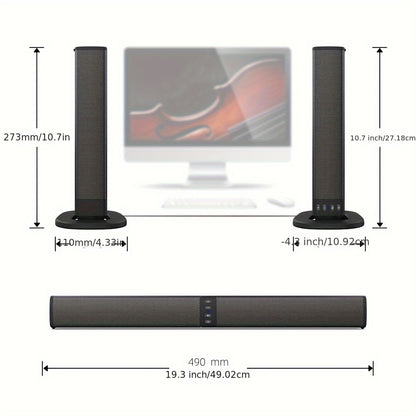 Measurement chart of a soundbar with speakers, showing dimensions in millimeters and inches.