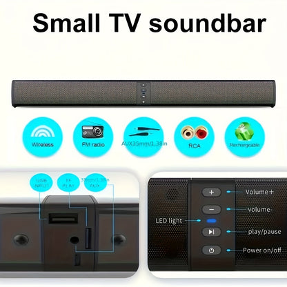 Small TV soundbar with connectivity options and control panel on a white background