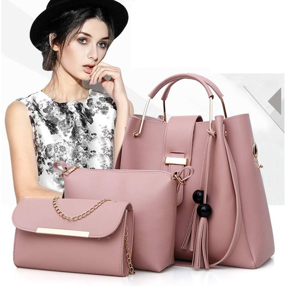Womens 3 Piece Handbag and Purse Set Pink