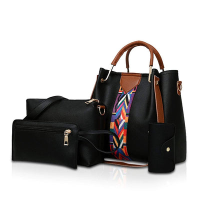 Black handbag with colorful strap and matching wallet on a white background