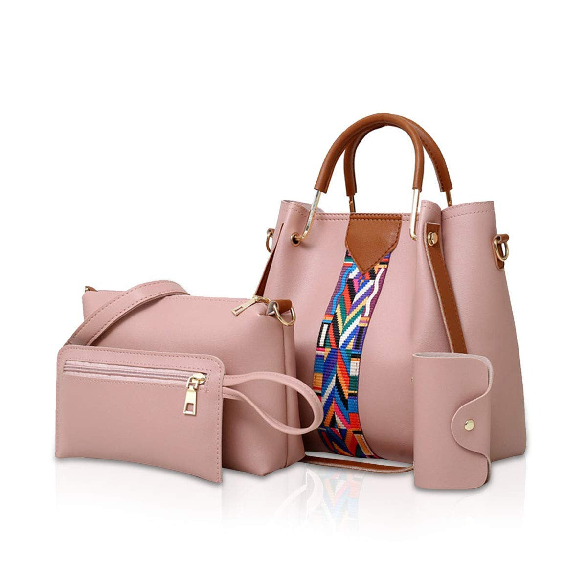 Pink handbag set with a colorful strap on a white background