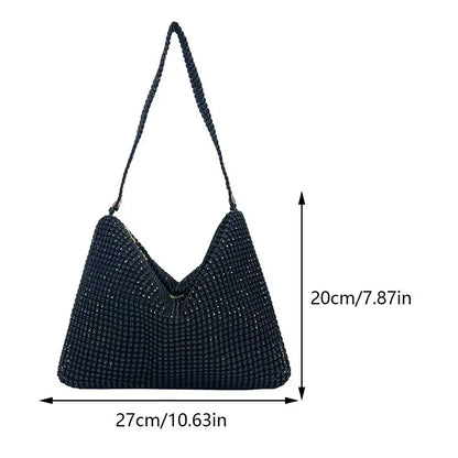 Black beaded handbag with measurements on a white background