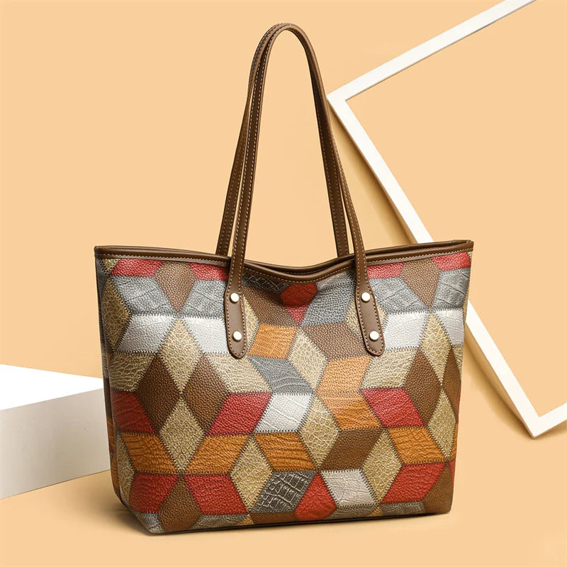Patterned handbag with geometric design on a beige background