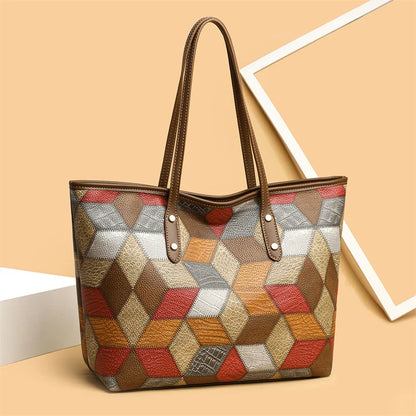 Patterned handbag with geometric design on a beige background