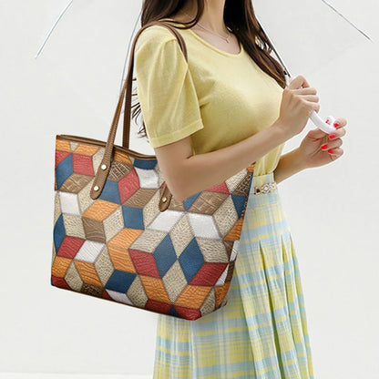 Woman holding a colorful geometric-patterned handbag against a white background