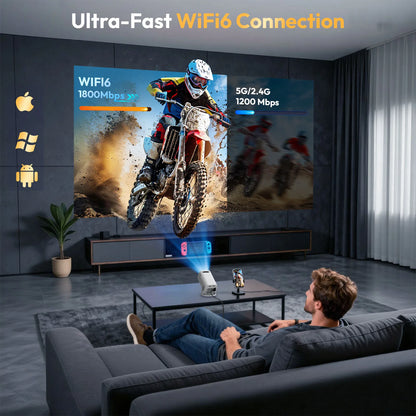 Living room with a person watching a dirt bike race on a large screen, emphasizing Ultra-Fast WiFi6 Connection.