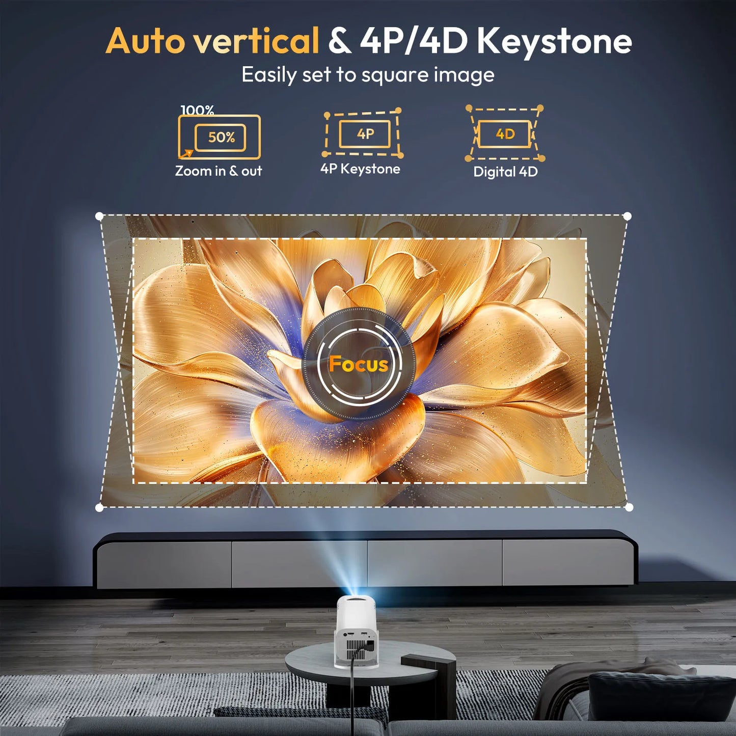 Projector displaying a flower image with Keystone correction features on a screen.