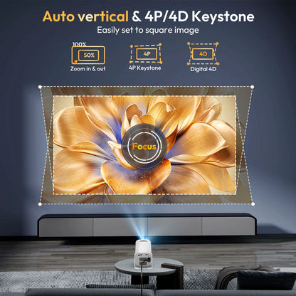 Projector displaying a flower image with Keystone correction features on a screen.