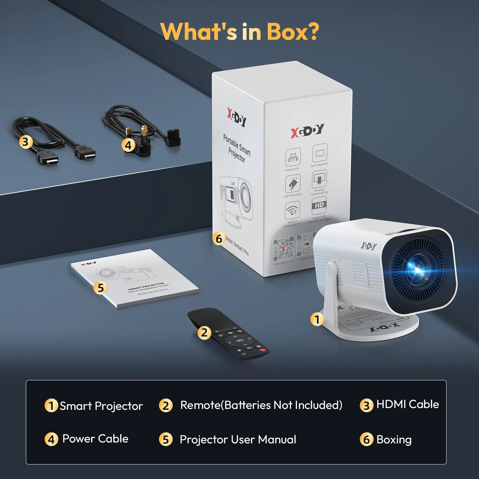 Xoyo portable smart projector with packaging, remote control, cables, and user manual on a dark surface.