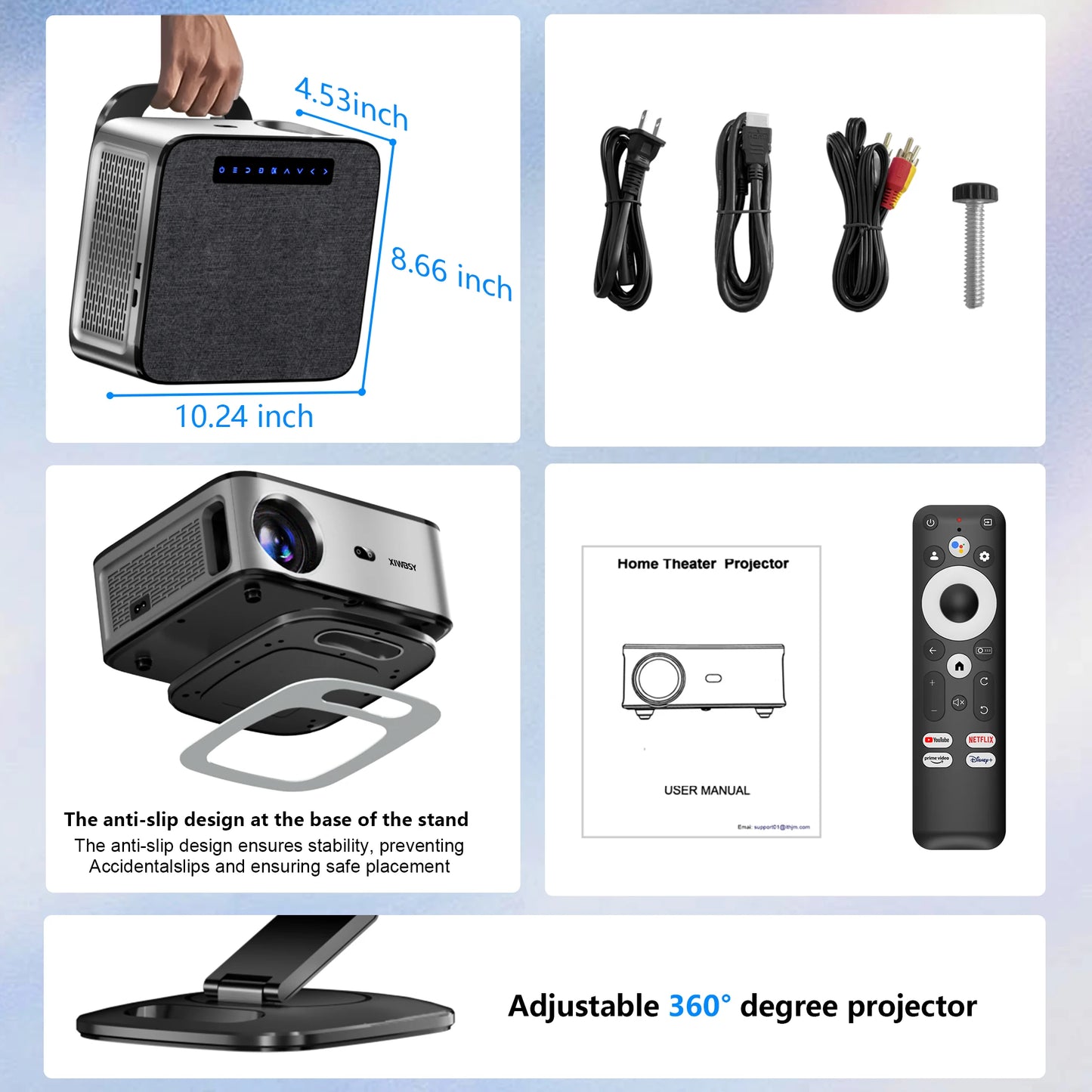 Collage of a projector with its accessories and specifications on a light blue background