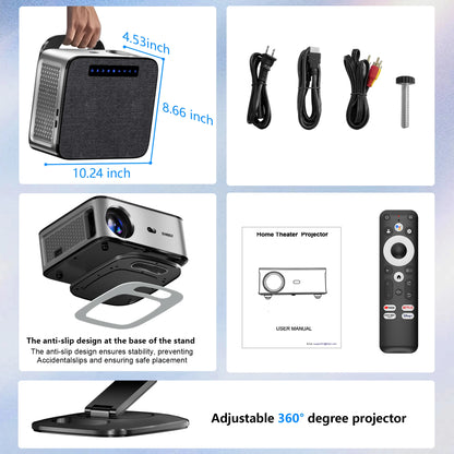 Collage of a projector with its accessories and specifications on a light blue background