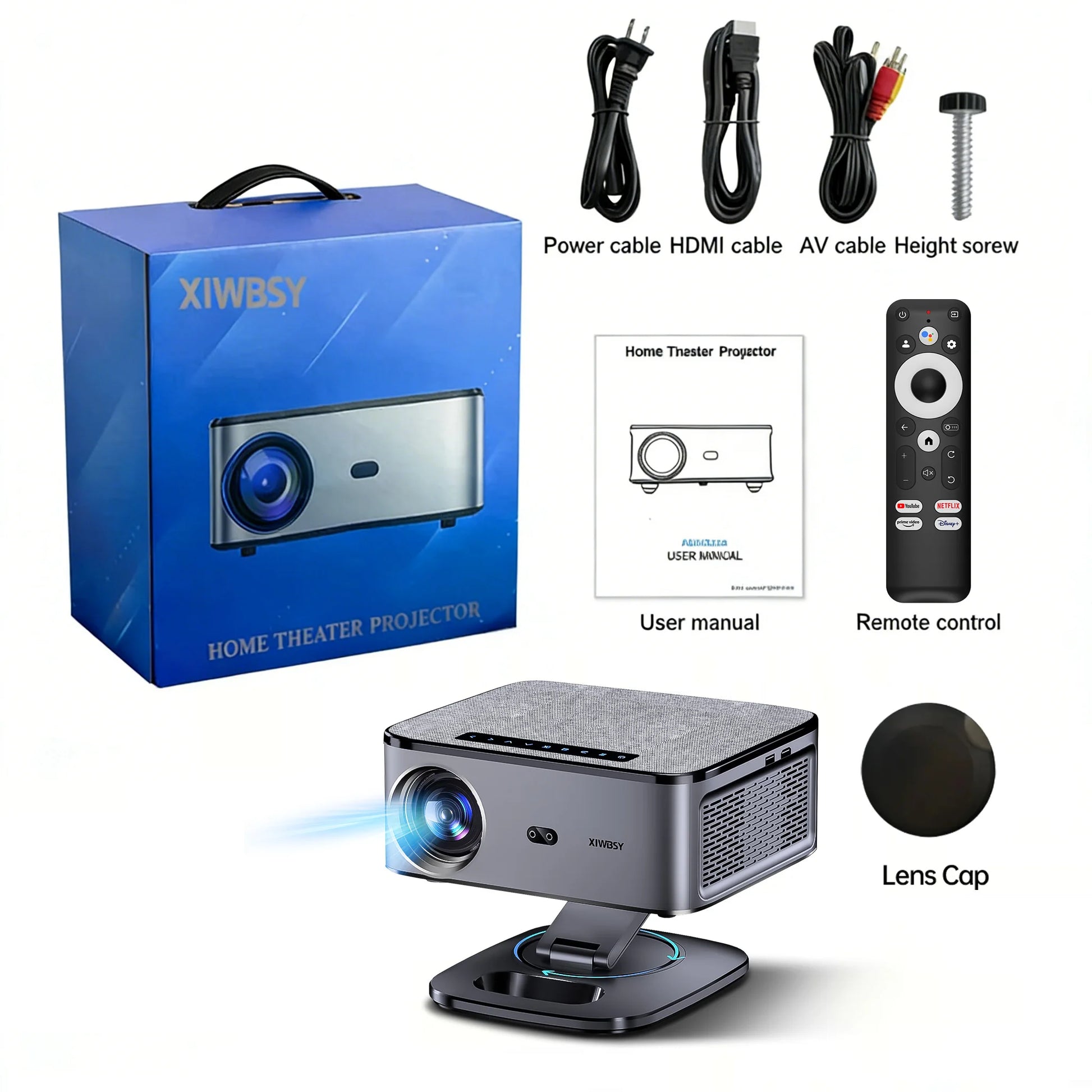 XIWBSY home theater projector with packaging, accessories, and components displayed on a white background.