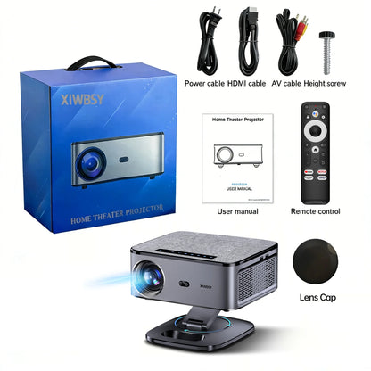 XIWBSY home theater projector with packaging, accessories, and components displayed on a white background.