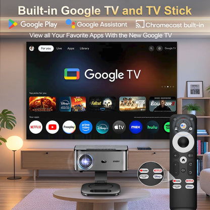 Smart TV with Google TV interface, projector, and remote control in a living room setting.