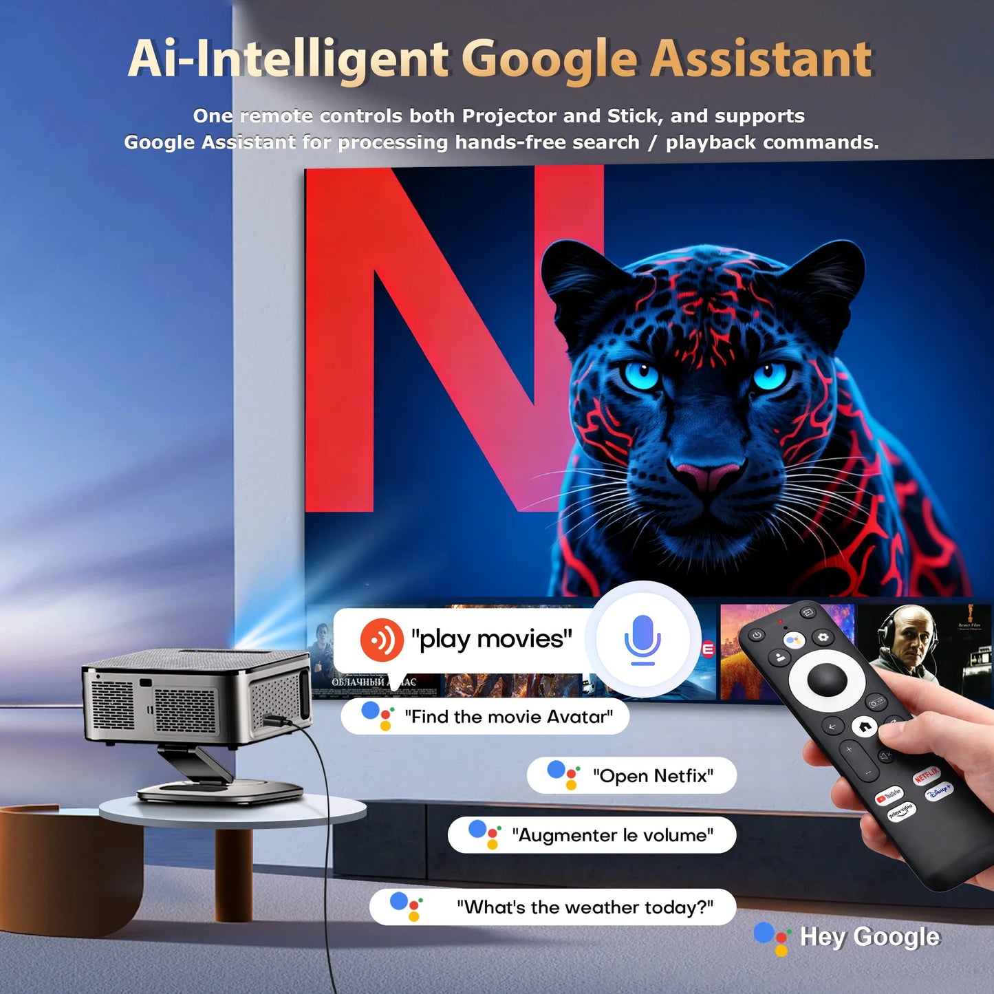 Projector with remote control and Google Assistant integration, featuring a Netflix interface on screen.