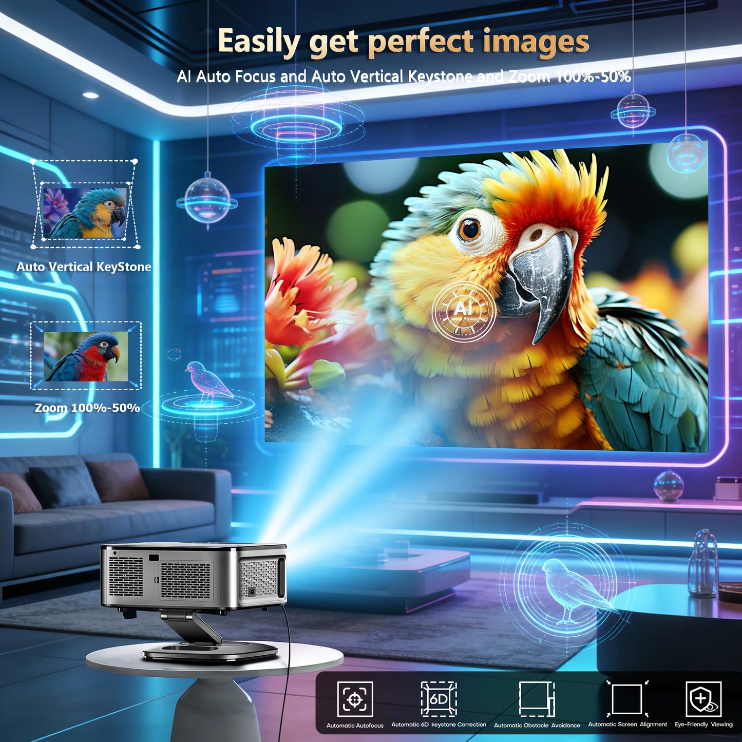 Projector displaying a colorful parrot on a screen with text about image quality features.