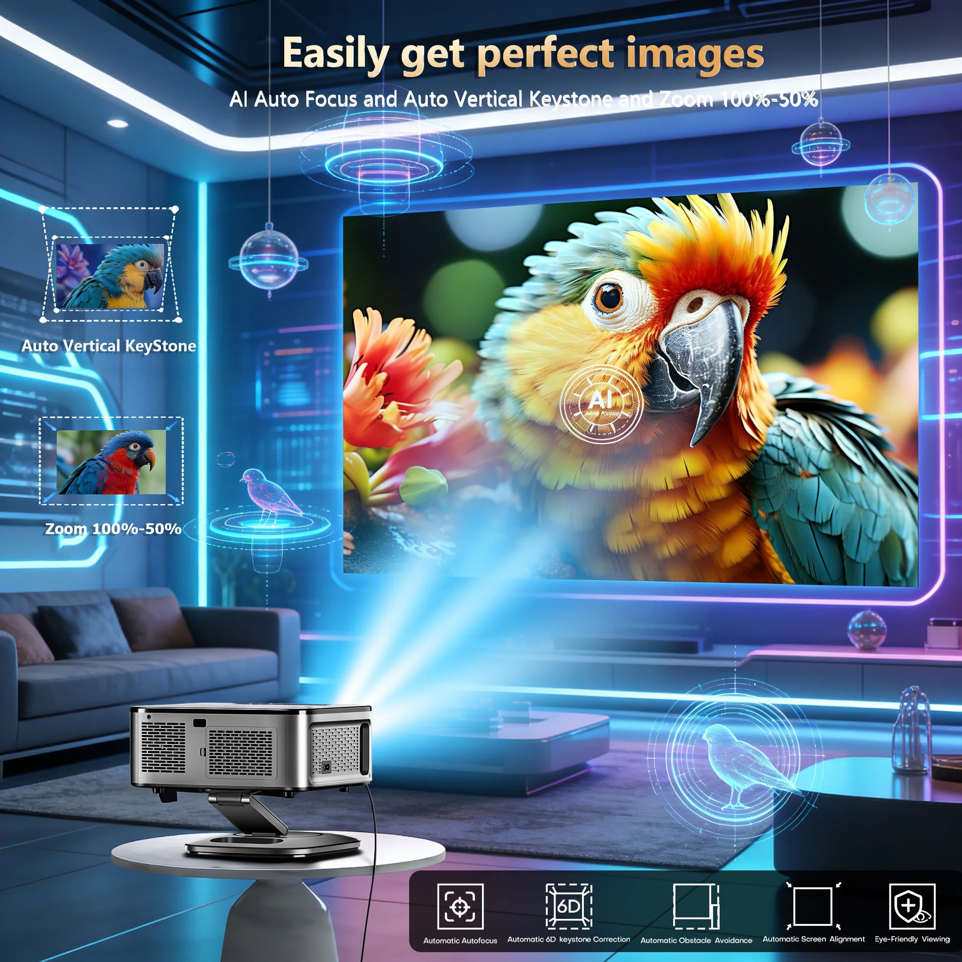 Projector displaying a colorful parrot on a screen with text about image quality features.